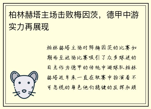 柏林赫塔主场击败梅因茨，德甲中游实力再展现