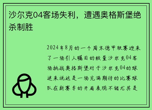 沙尔克04客场失利，遭遇奥格斯堡绝杀制胜